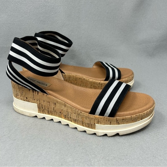 Steve Madden Size 8.5 Elba Sandals Black White Strap Platform Wedge Chunky Shoes - Picture 1 of 12